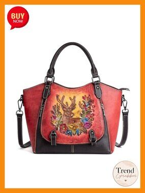 Vintage Genuine Leather Satchel Handbag Women Hand-Embossed Floral Deer Top